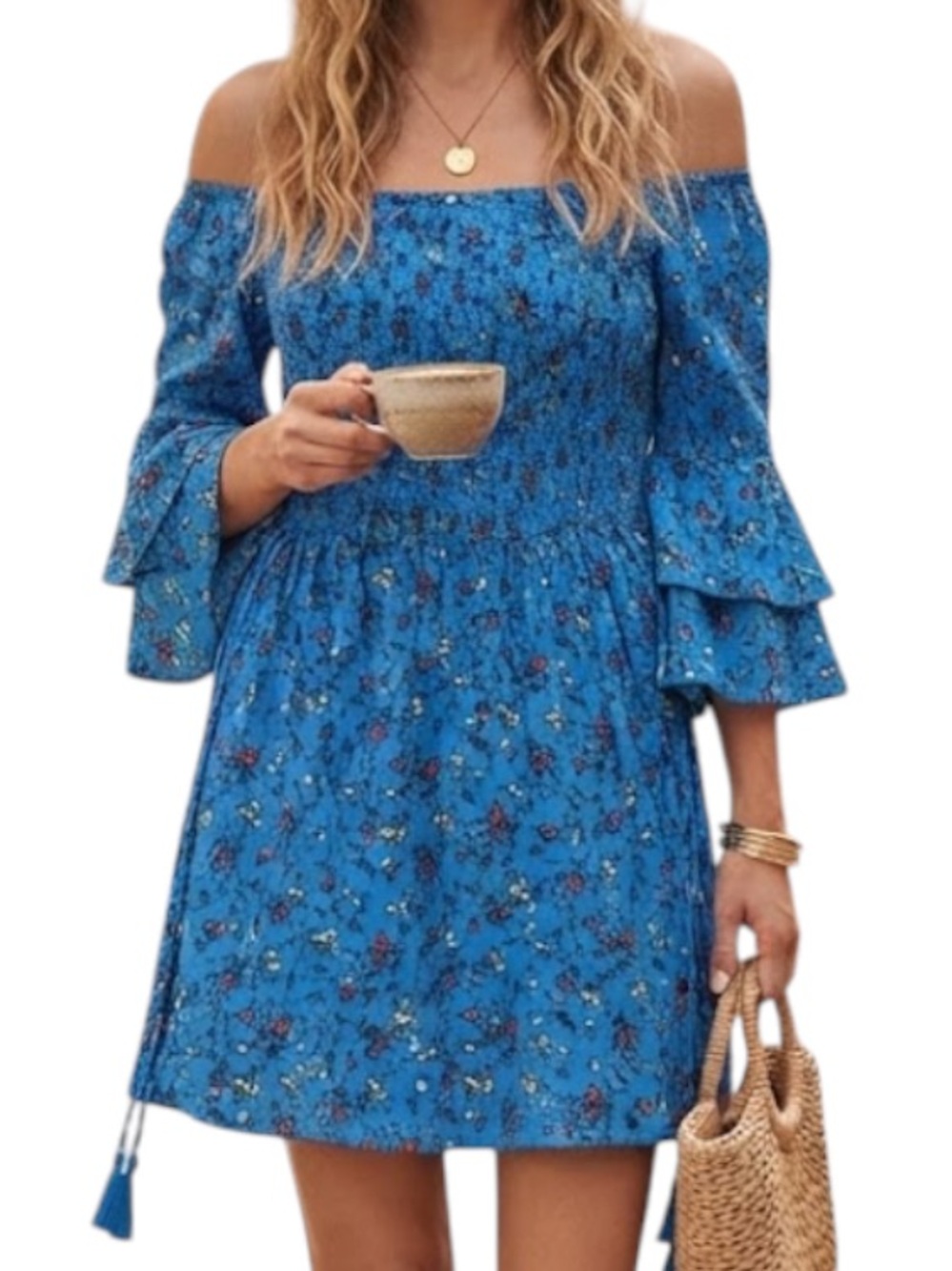 MATALAN Bohemian Y2K Ditsy Floral Bardot Mini Dress Smocked Boho Bell Sleeve M
